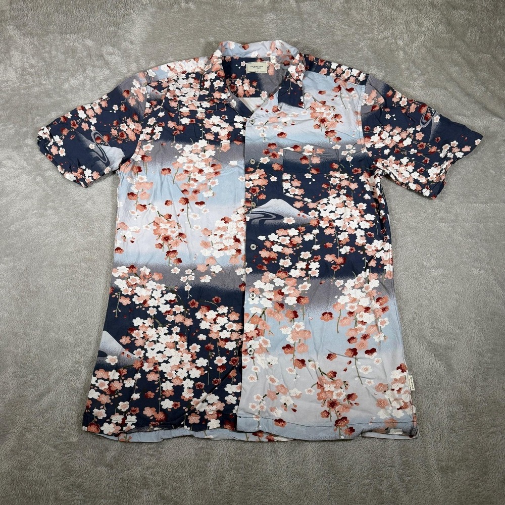 7‎ Diamonds Shirt Mens Large Blue Cherry Blossom Asian Short Sleeve Button Up
